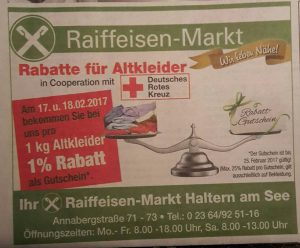 Haan Minimaal Gedrag Altkleider Aktion am 17.02. + 18.0.2017 bei dem Raiffeisen-Markt :  Stadtverband Haltern am See e.V.